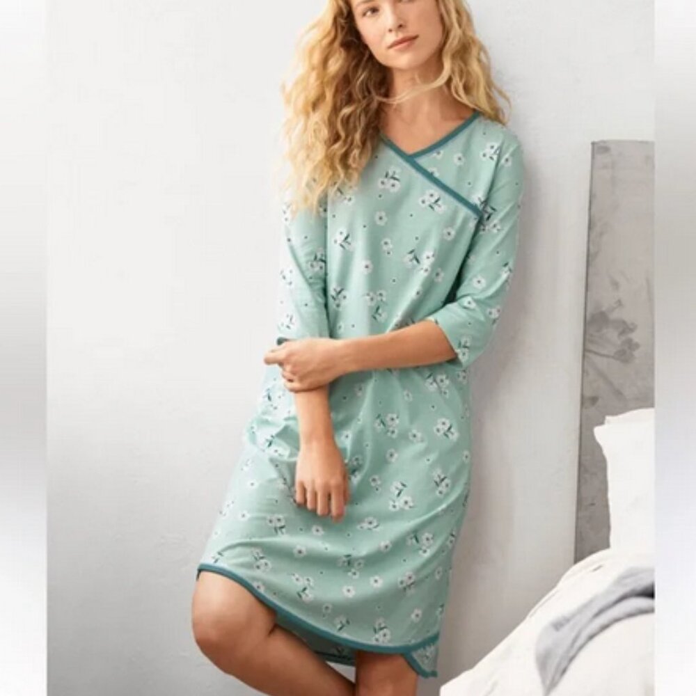 Garnet Hill Burgundy Asian Wrap Organic Cotton Sleep Dress